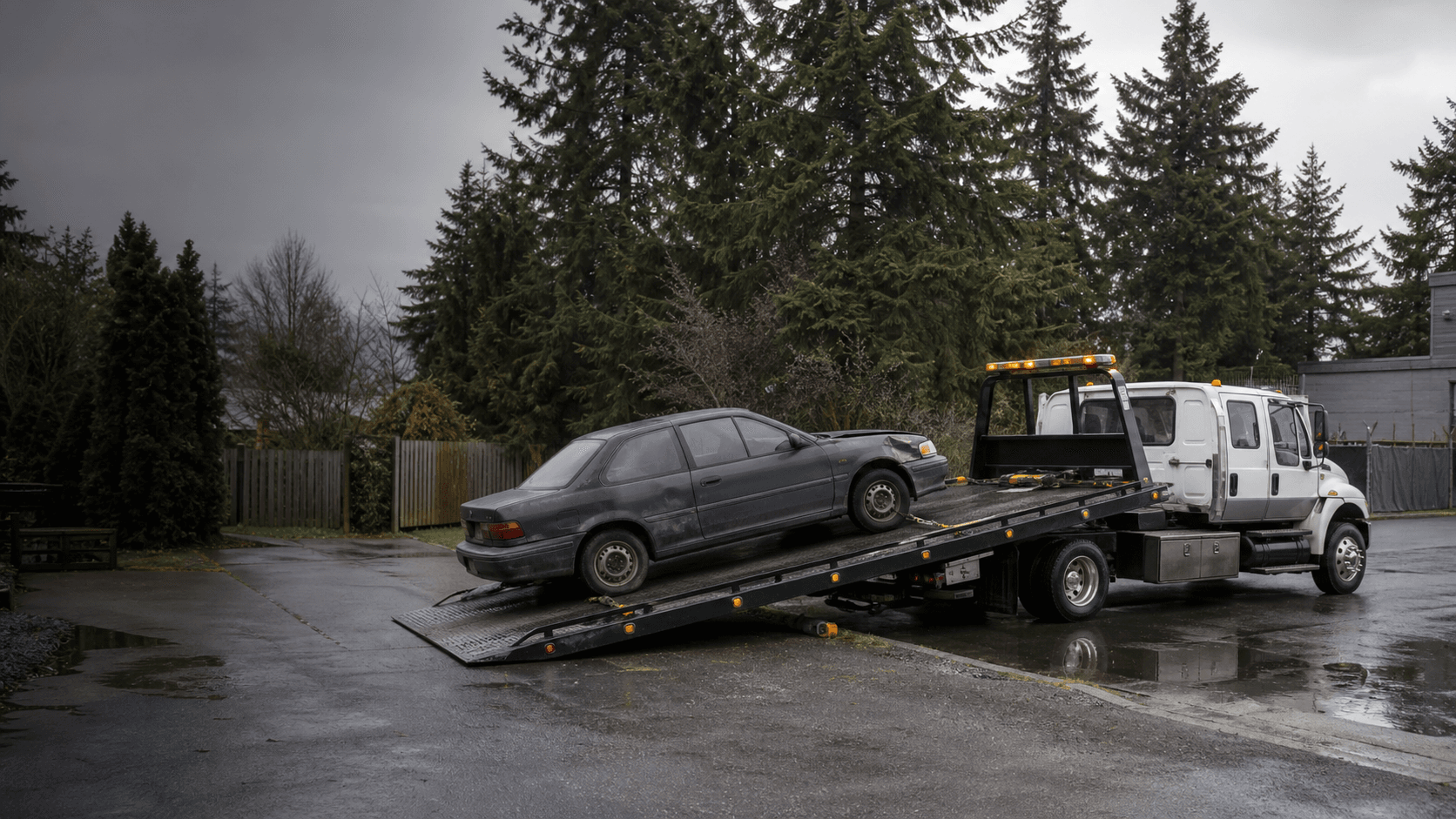 Older damaged car being loaded onto a flatbed tow truck in Oregon