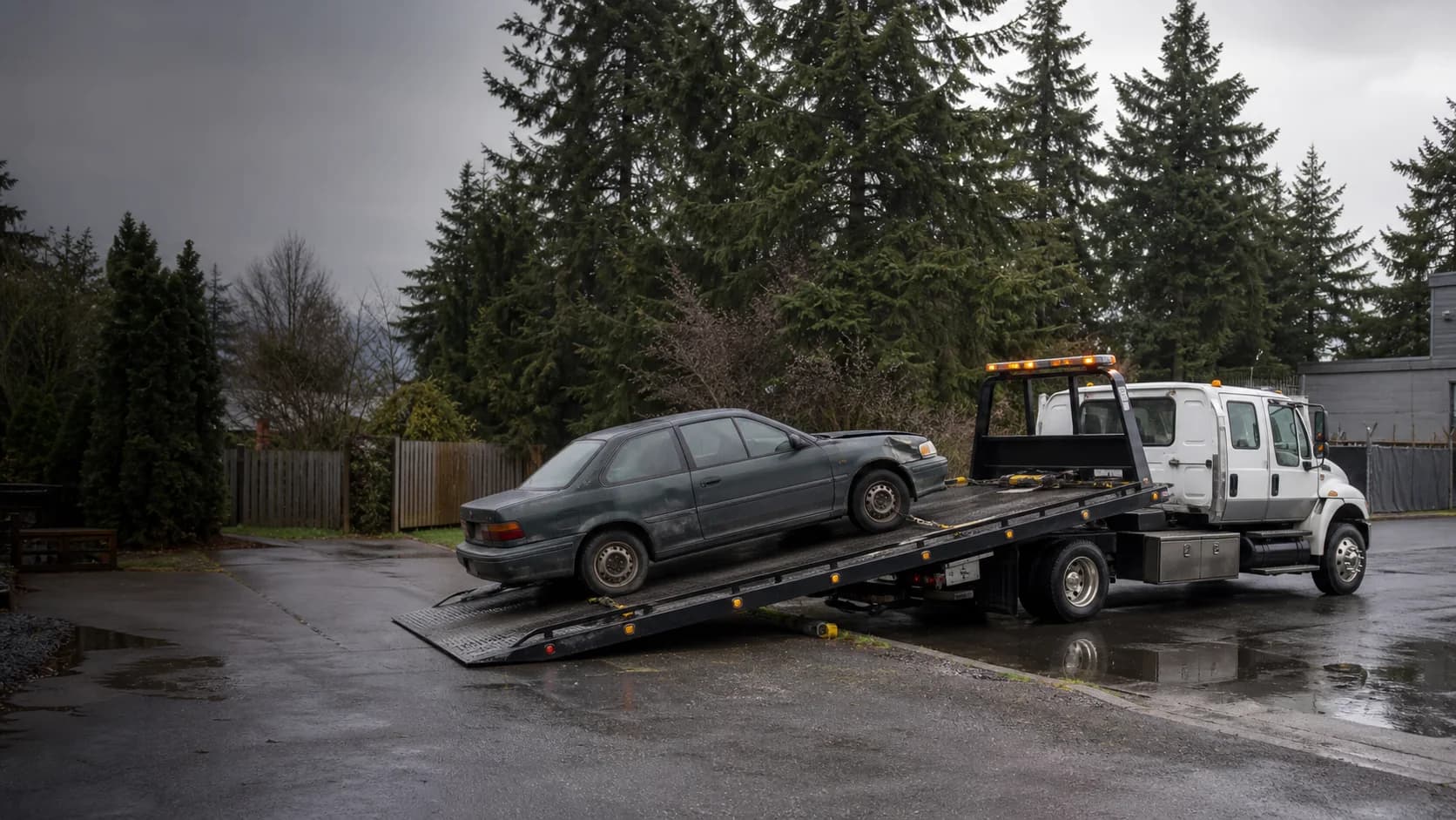Older damaged car being loaded onto a flatbed tow truck in Oregon